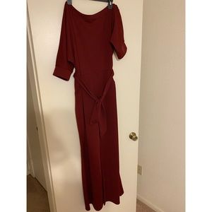 Plain One Open Shoulder Front Tie Jumpsuit - XXL / Wine Red